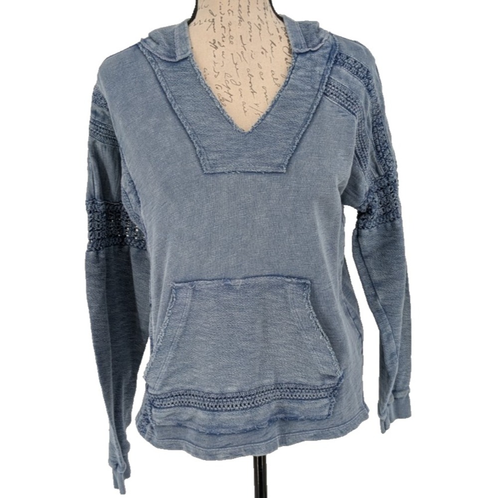 LUCKY BRAND Hoodie Small Blue Boho Peasant  Hippie  Frayed  Edges Crochet Trim